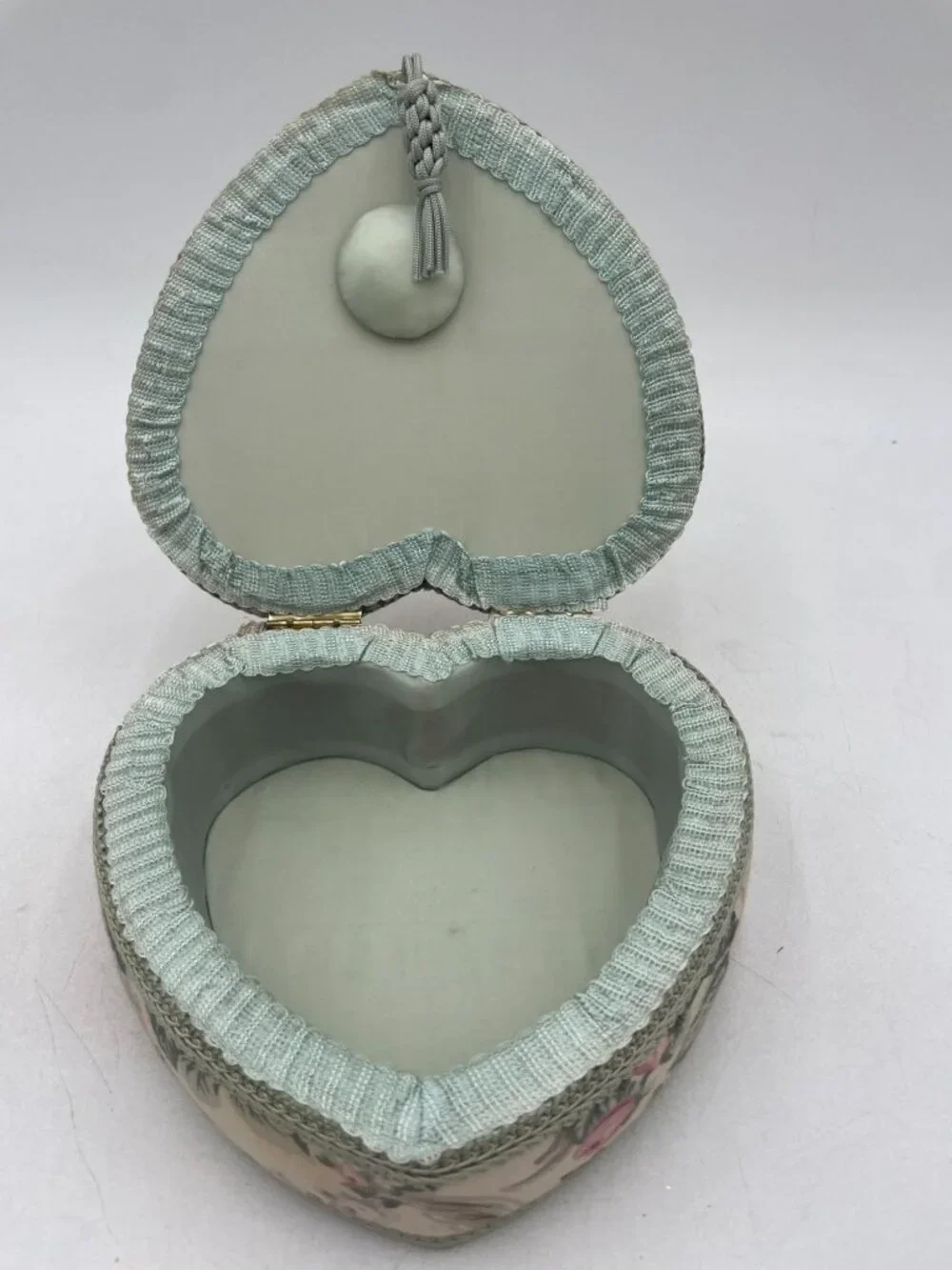 Heart-Shaped Floral Fabric Jewelry Box With Crocheted Lady Pink & Mint Green 7